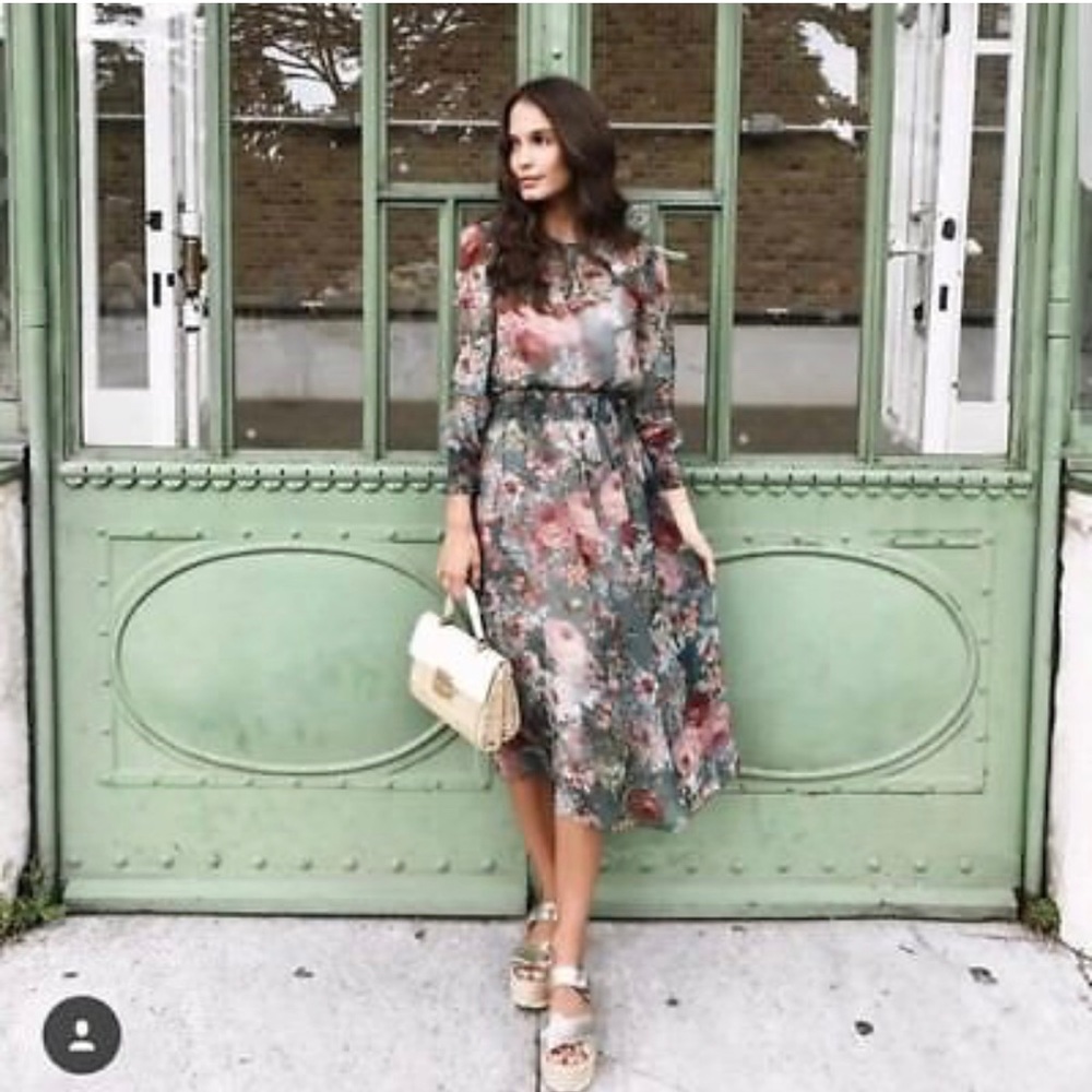 NWT Zara Green and Pink Floral Midi Dress - Picture 1 of 8